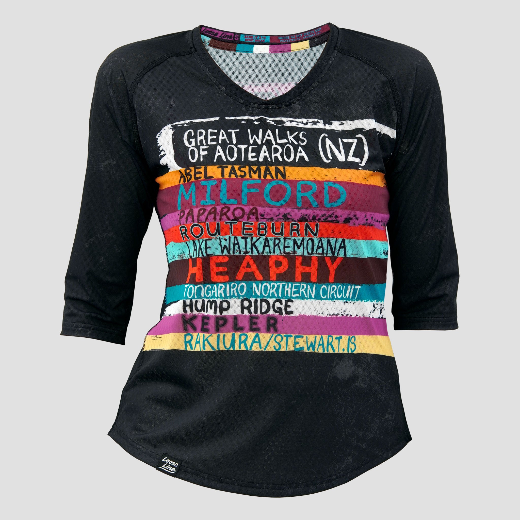 Black 3/4 sleeve activewear top featuring the great walks of New Zealand featuring colourful brushstrokes with each great walk listed.