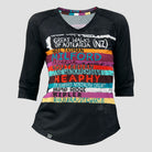 Black 3/4 sleeve activewear top featuring the great walks of New Zealand featuring colourful brushstrokes with each great walk listed.